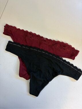 Aerie Ribbed Lace Trim Thong Panty XXL Burgundy Black NWT New Lot of 2 Pairs